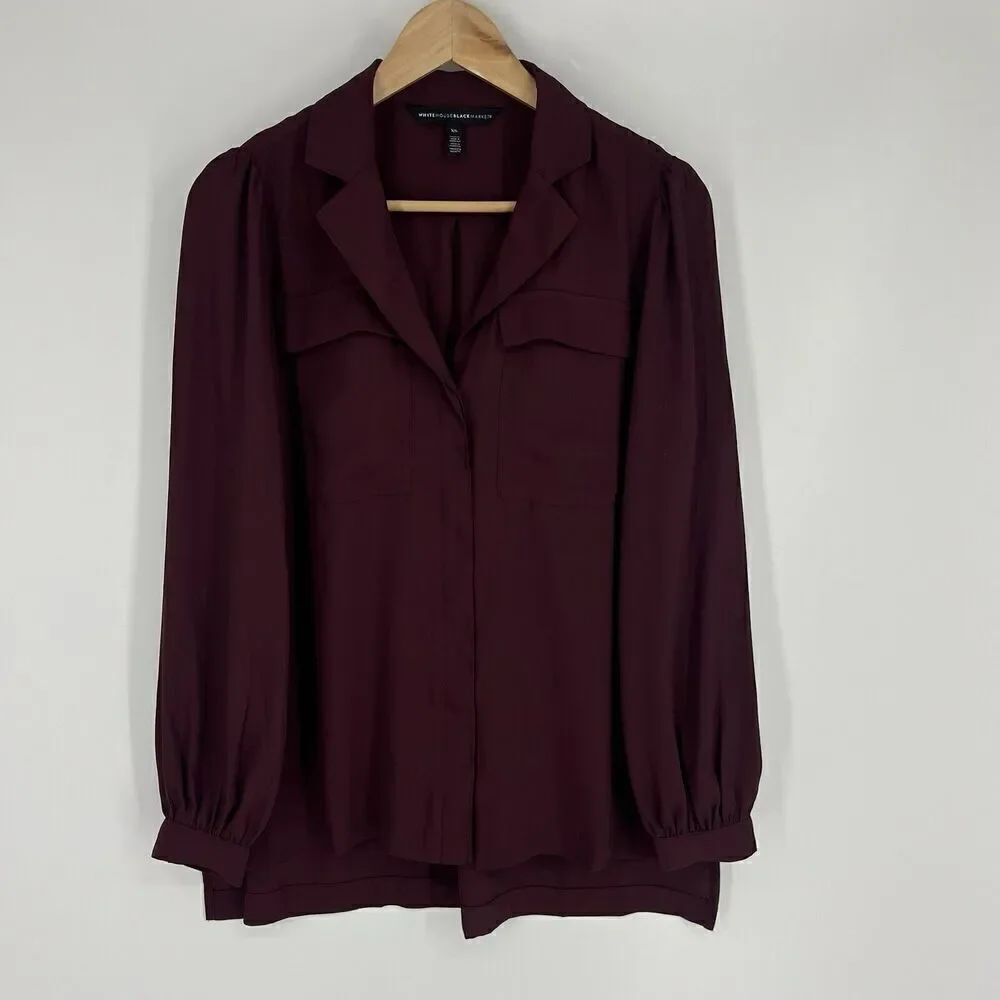 WHBM White House Black Market Top Size XS Maroon Blouse Soft Crepe Button
